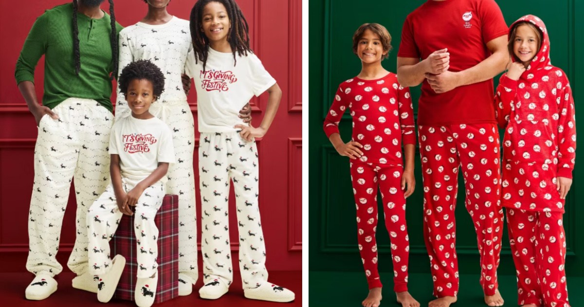 families wearing matching holiday pajamas