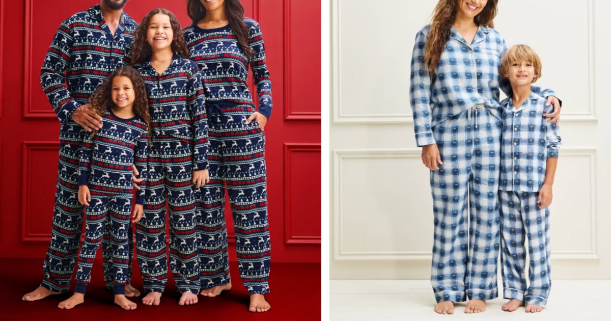 families wearing matching holiday pajamas