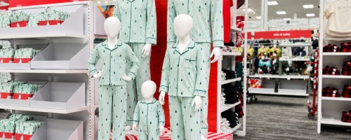 Mannequins in target store wearing christmas tree pajamas