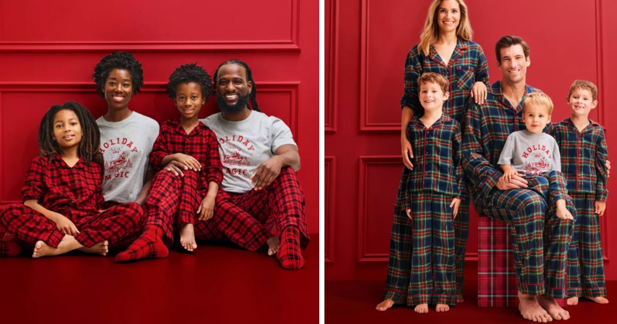 families wearing matching holiday plaid pajamas