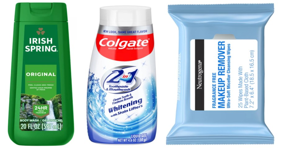 body wash, toothpaste and face wipes