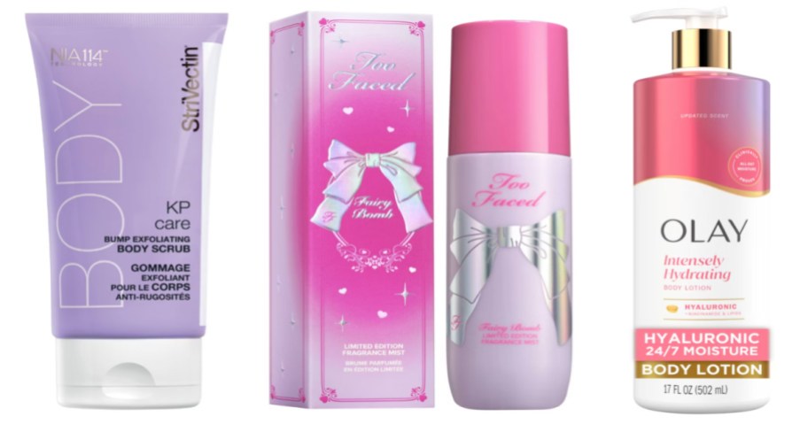 exfoliating scrub, body spray and body lotion