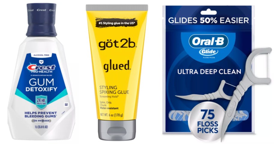 mouthwash, hair gel and floss picks