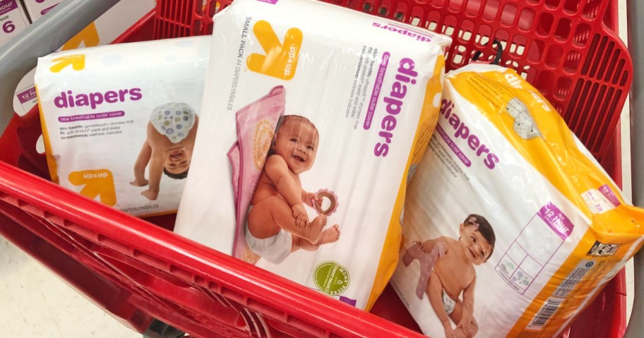 3 packs of up&up diapers in red target shopping cart