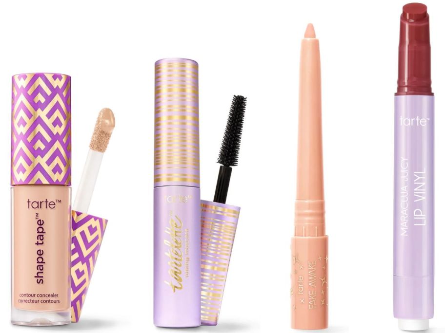 Stock image of Fake Awake Mini with Tarte Shape Tape, Tarte Tubing Mascara, and full-size Maracuja Juicy Lip Vinyl.