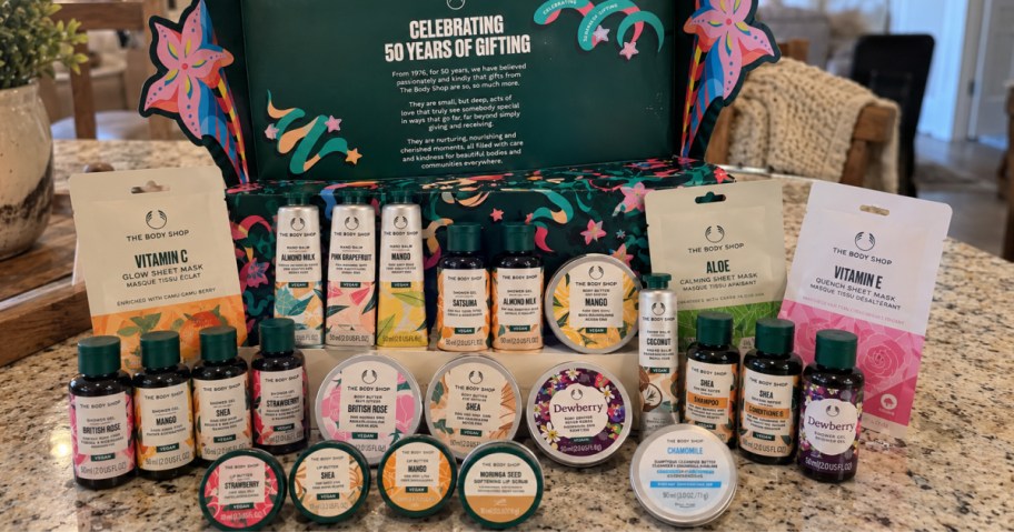 The body shop advent calendar on display on bathroom countertop