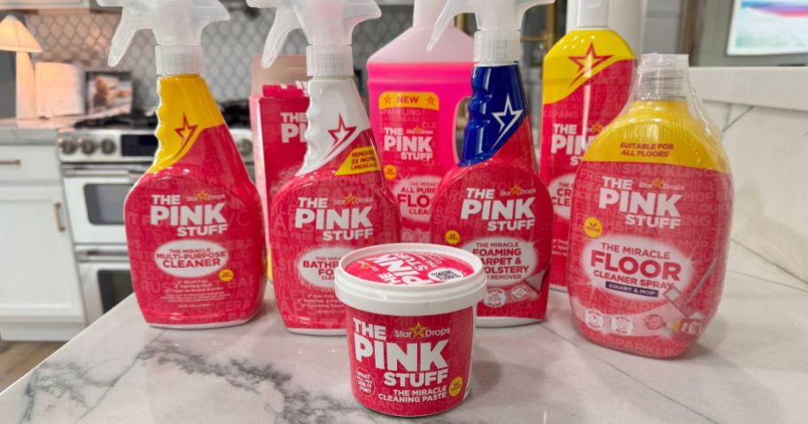 The Pink Stuff Cleaners on a counter
