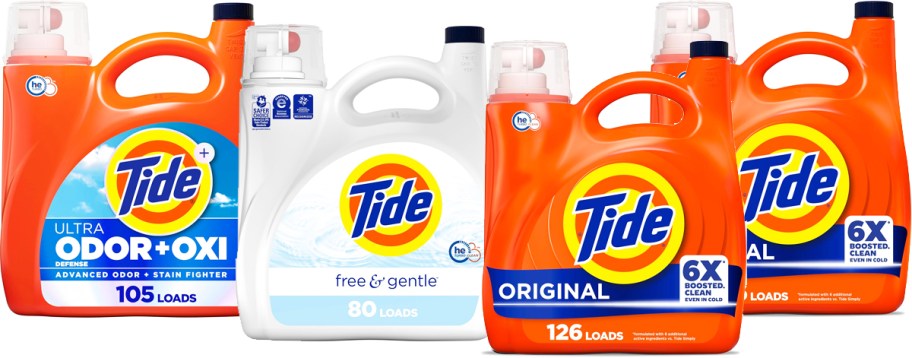 4 large bottles of tide laundry detergents