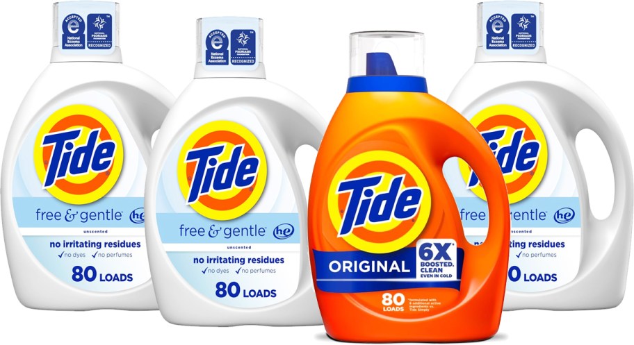 4 large bottles of tide laundry detergents