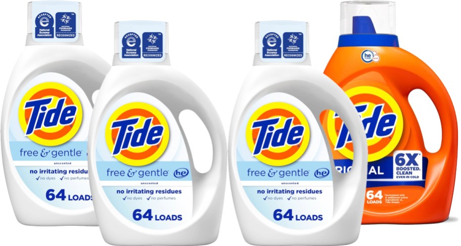 3 white and 1 orange bottle of tide detergent