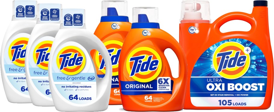6 bottles of tide laundry detergents