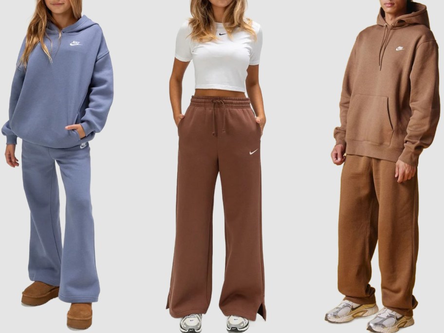 Stock images of two girls and a man wearing Nike clothing and shoes