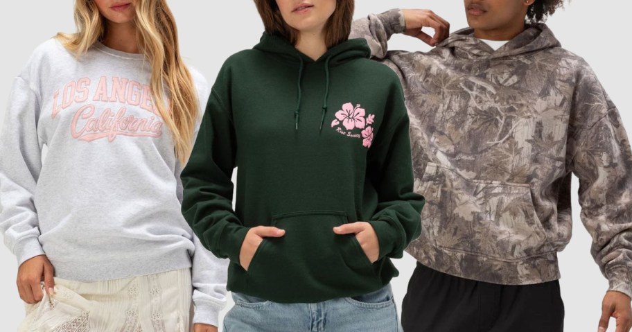 Stock images of two women an a man wearing Tilly's Sweatshirts