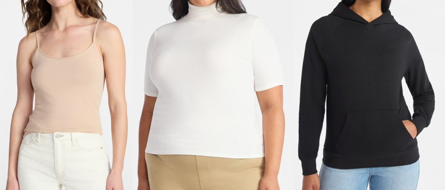 3 women modeling a cami, top, and hoodie