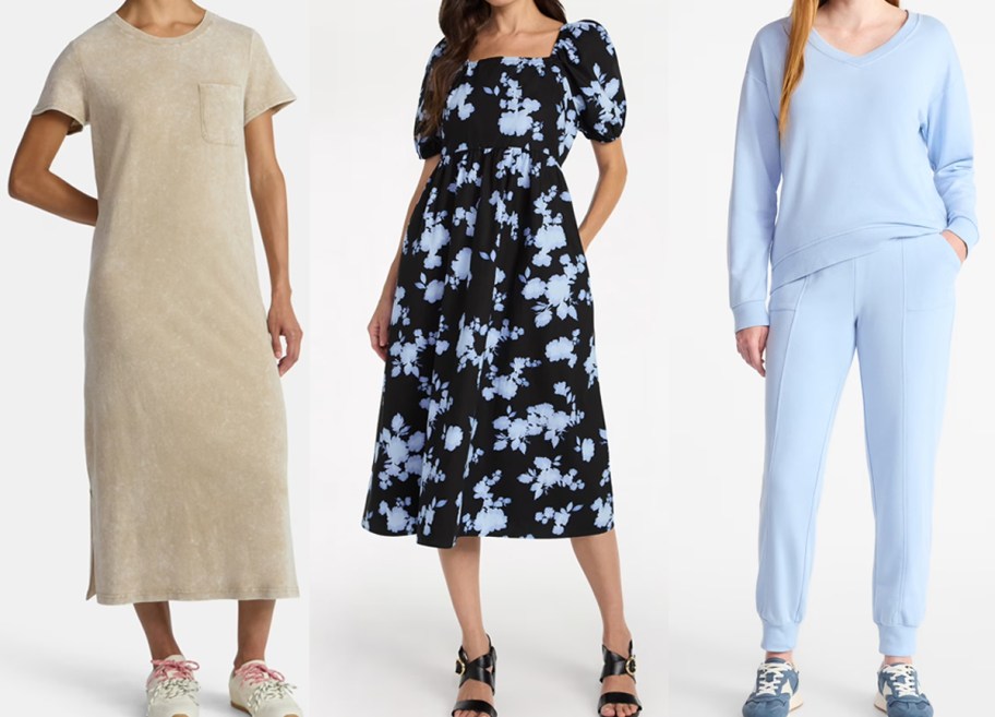 women modeling dresses and outfit set