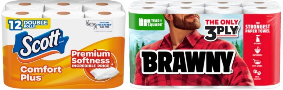 multipacks of toilet paper and paper towels