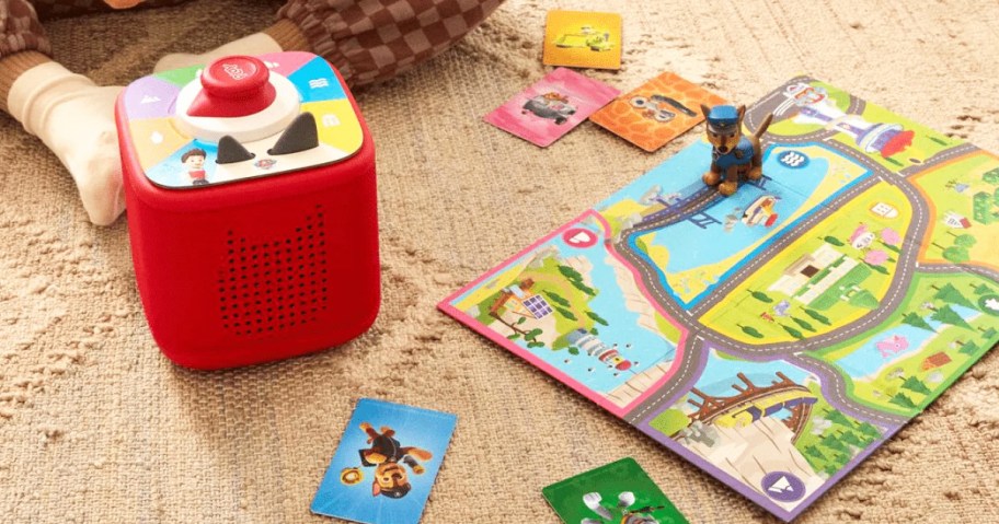 Toniebox 2 Paw Patrol Playset on rug near toddler