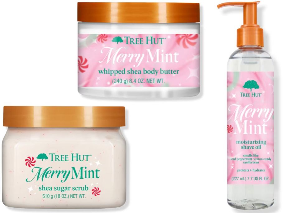 Stock images of Tree Hut Merry Mint Sugar Scrub, Body Butter and Shave Oil
