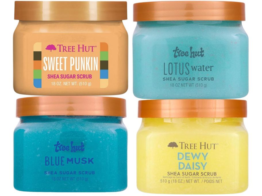 Tree Hut Scrub tubs in blue, peach, and yellow