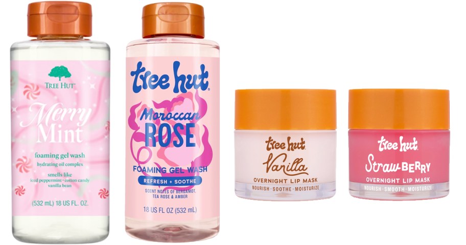 bottles of tree hut body washes and lip masks