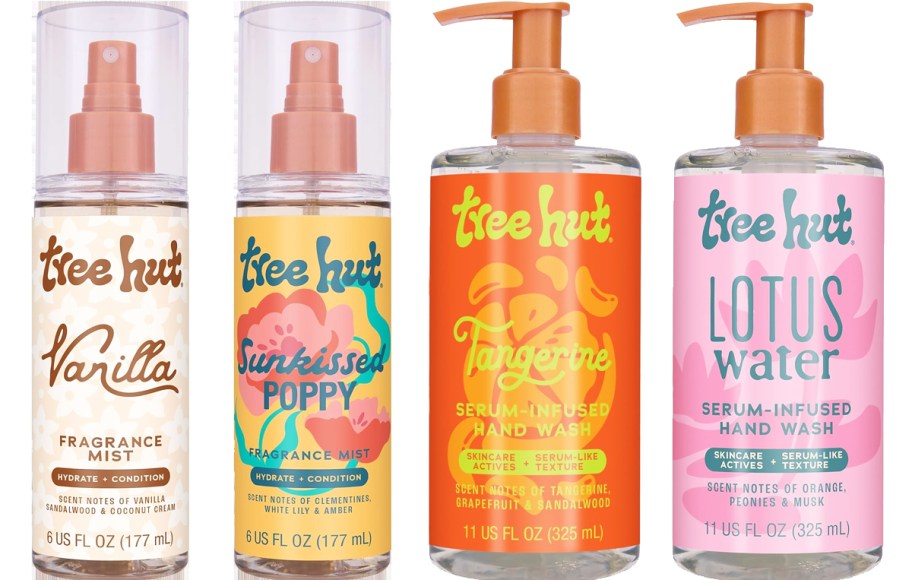 Tree Hut Fragrance Mist and Hand Soap bottles in a row