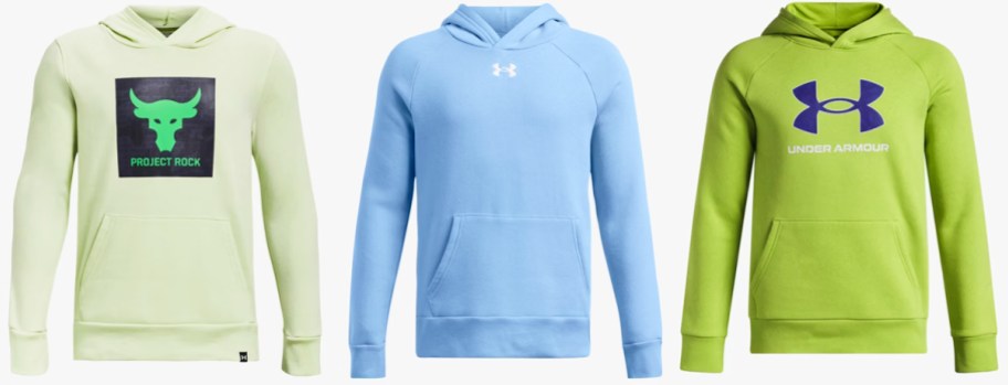 three green and blue under armour hoodies