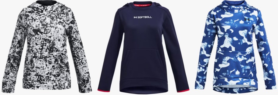 black/white, navy blue, and blue/white hoodies