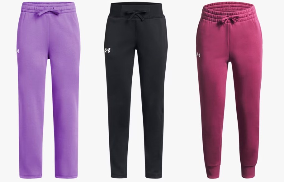 purple, black, and pink pairs of pants