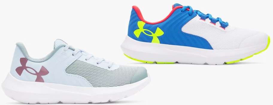 light blue and blue and green running shoes