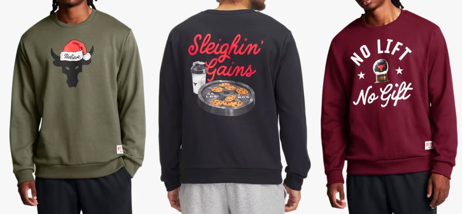 three men in christmas themed sweatshirts