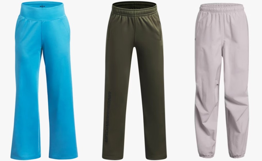 blue, dark green, and grey pairs of pants