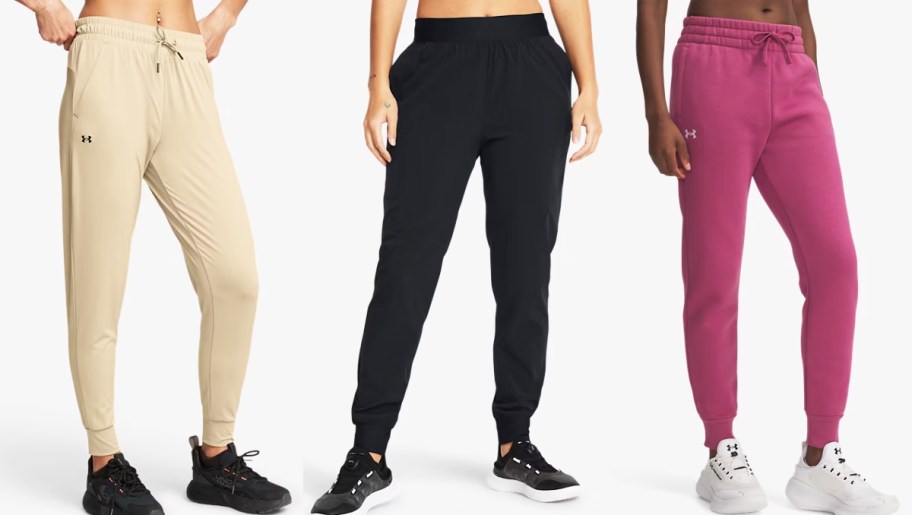 three women modeling jogger pants