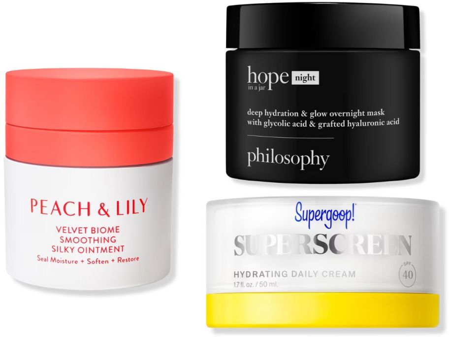 Stock images of skincare items by Peach & Lily, Philosophy and Supergoop!
