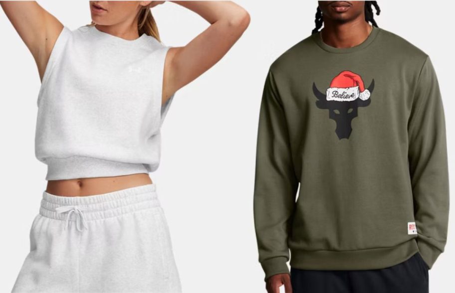 Stock images of a woman and a man wearing under armour sweatshirts