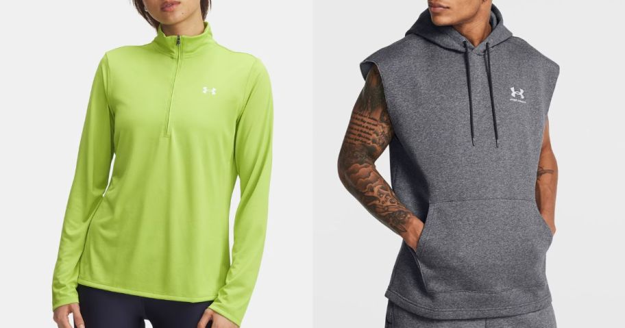 Stock images of a woman and a man wearing Under Armour hoodies