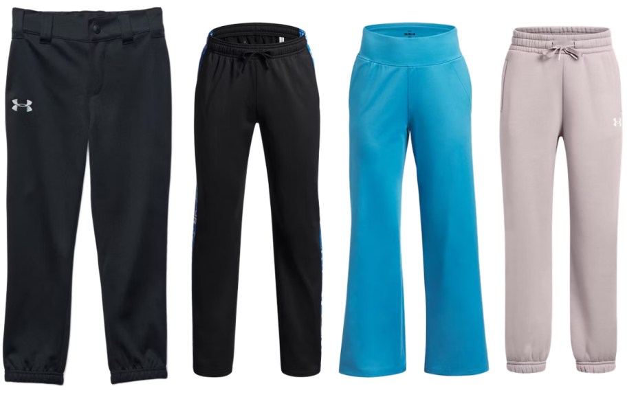 Under Armour Boys Pre-School Baseball Pants, Brawler Print Fill Tapered Pants, Girls Motion Open Hem Pants, Girls Fleece Pro Gym Pants