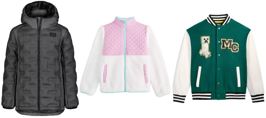 Under Armour Boys Quilt Hooded Puffer Jacket, Epic Threads Girls Color Block Jacket, Epic Threads Boys Minecraft Varsity Jacket