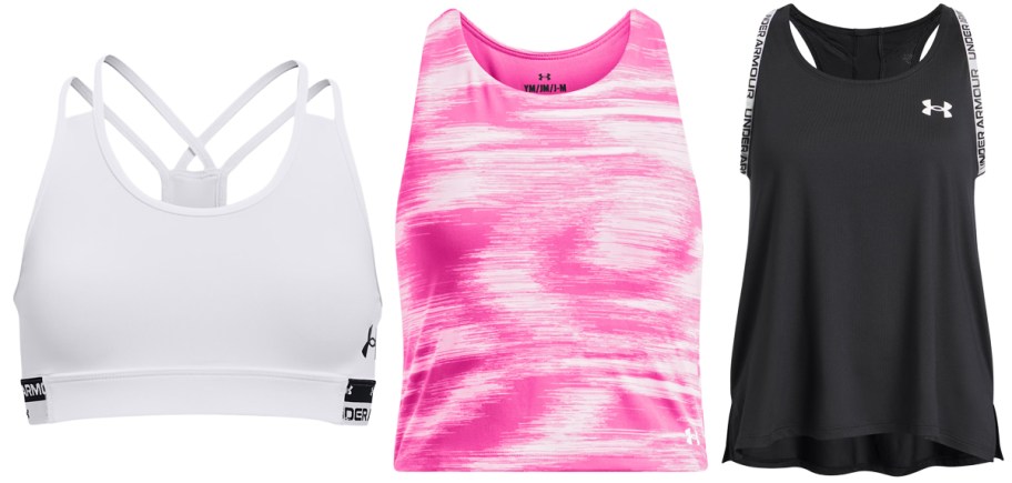Under Armour HeatGear Girls Sports Bra, UA Motion Printed Girls Crop Tank, UA Knockout Girls Tank