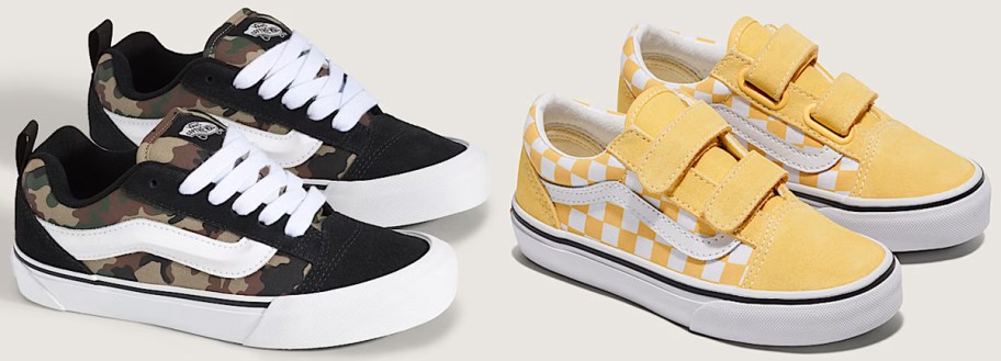 camo print and yellow checkerboard sneakers