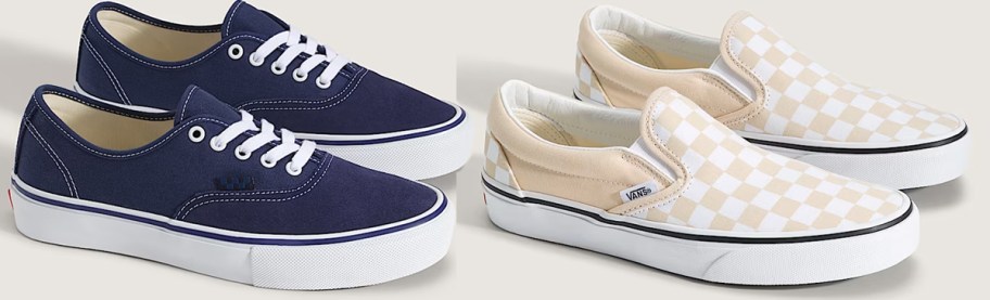 navy blue and tan checkerboard print sneakers