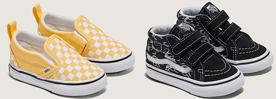 yellow checkerboard and black dinosaur print sneakers
