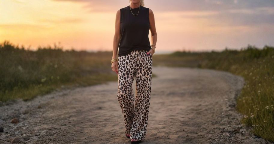 woman wearing WIHOLL Women's 2-Piece Mock Neck Tank Top & Wide Leg Pants Set