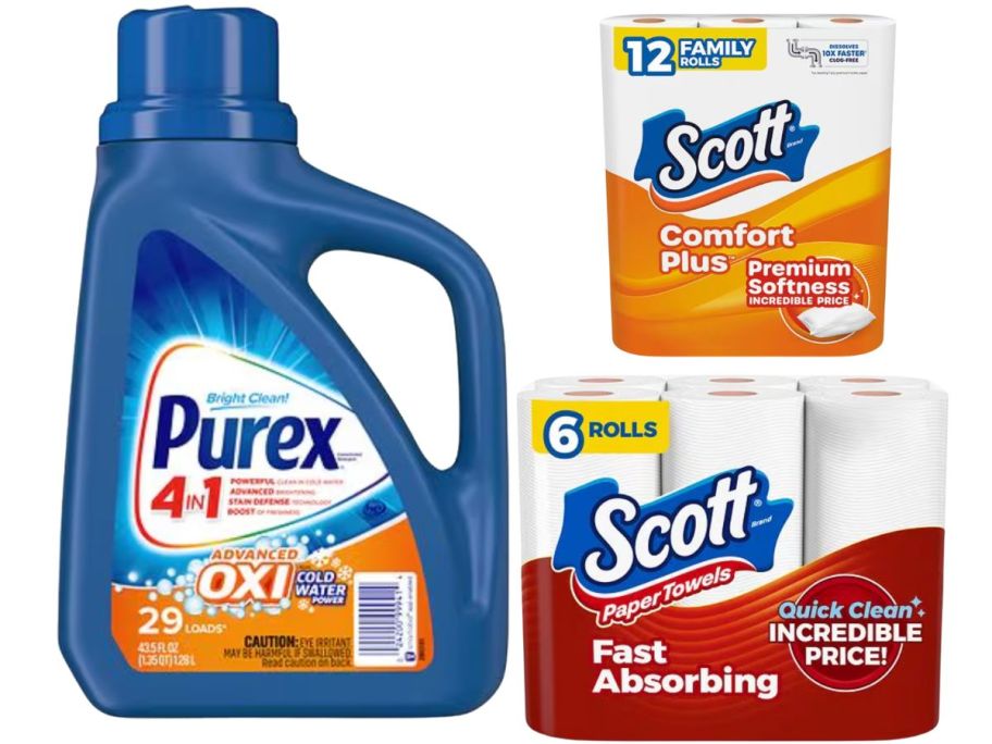A Purex bottle, Scott toilet paper items, and Scott paper towels