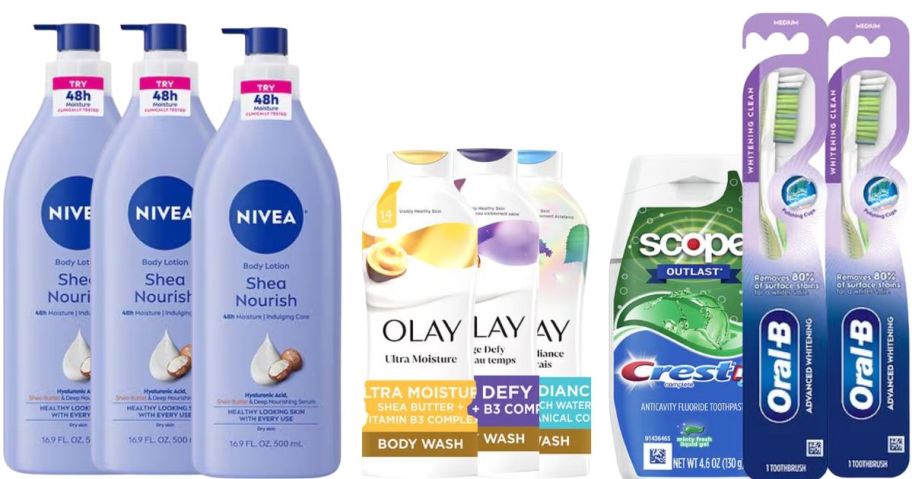 3 lotion bottles of Nivea lotion, Olay body wash, a toothpaste tube, and 2 toothbrushes