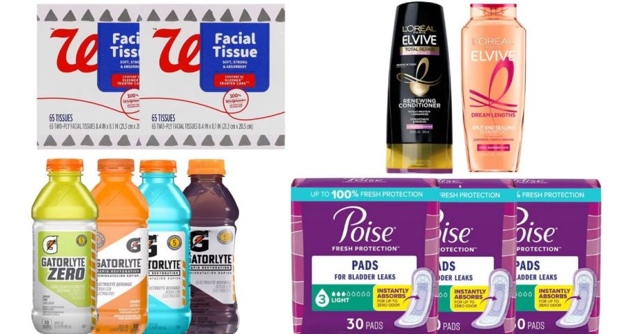 2 tissue boxes, 2 shampoo bottles, 4 gatorade bottles, and 3 purple boxes of Poise