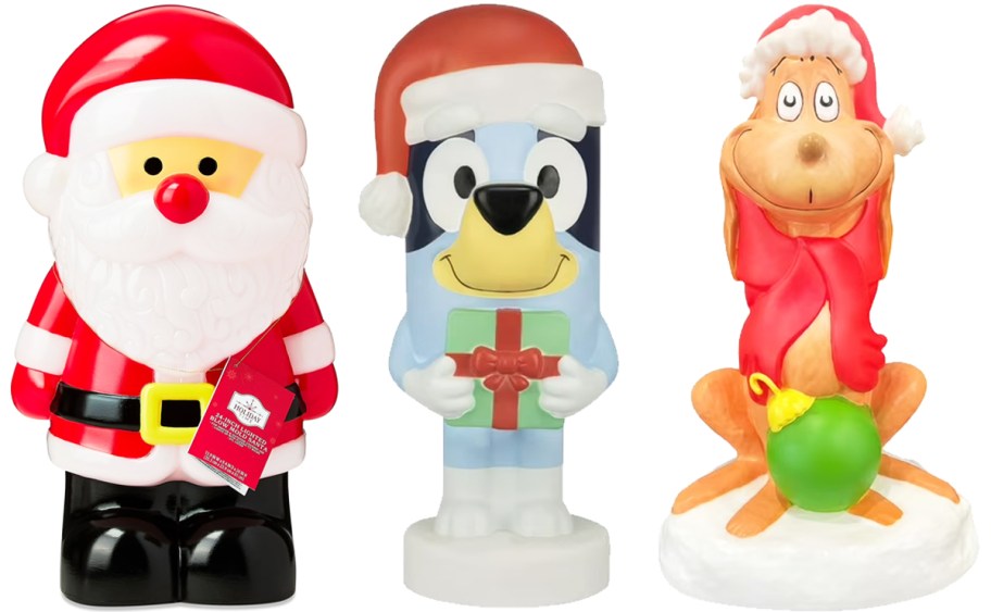 santa, bluey, and grinch dog blow molds