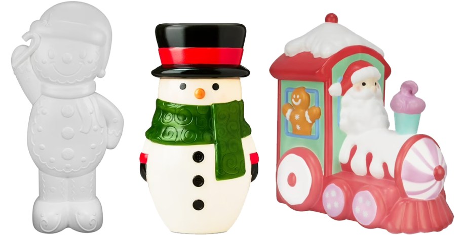 gingerbread man, snowman, and christmas train blow bolds