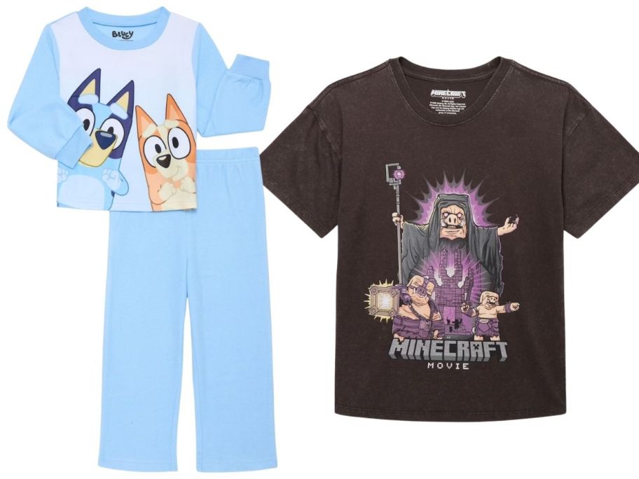 Bluey pajamas and a black Minecraft shirt
