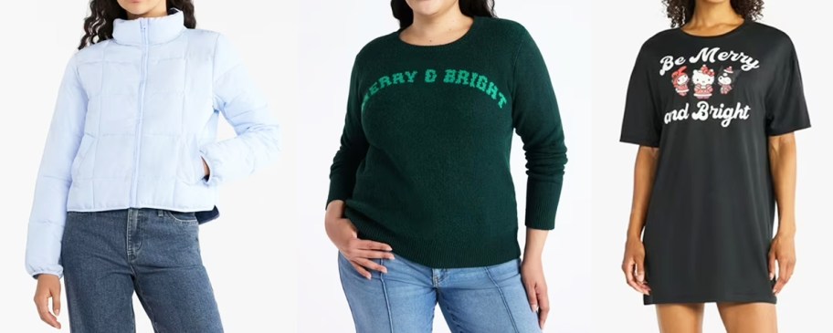 women modeling jackets, sweaters, and pajamas