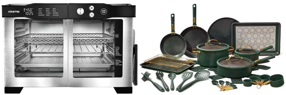 toaster oven and green cookware set